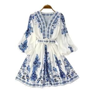 Blue Floral Print Long Sleeve Belted Dress - Size US 20
